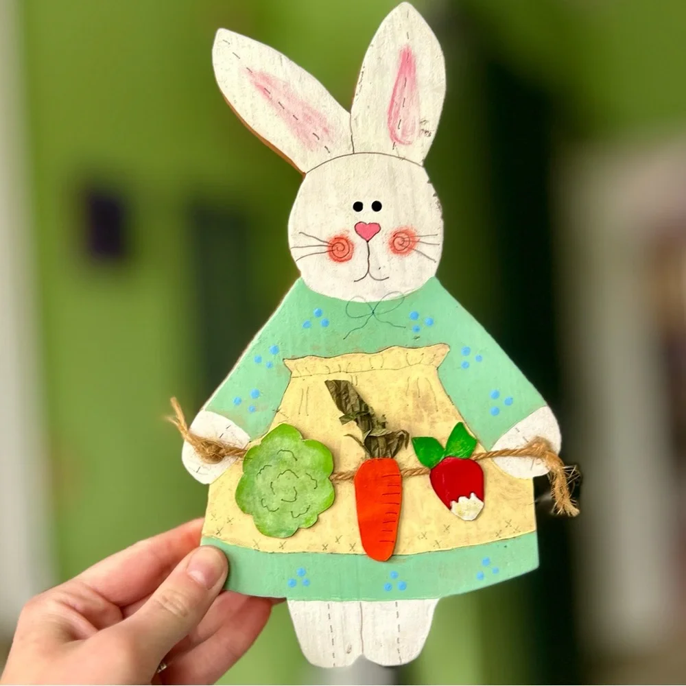 VTG Bunny Rabbit Collecting Veggies Cottagecore Farmhouse Wood Wall Decor Art
